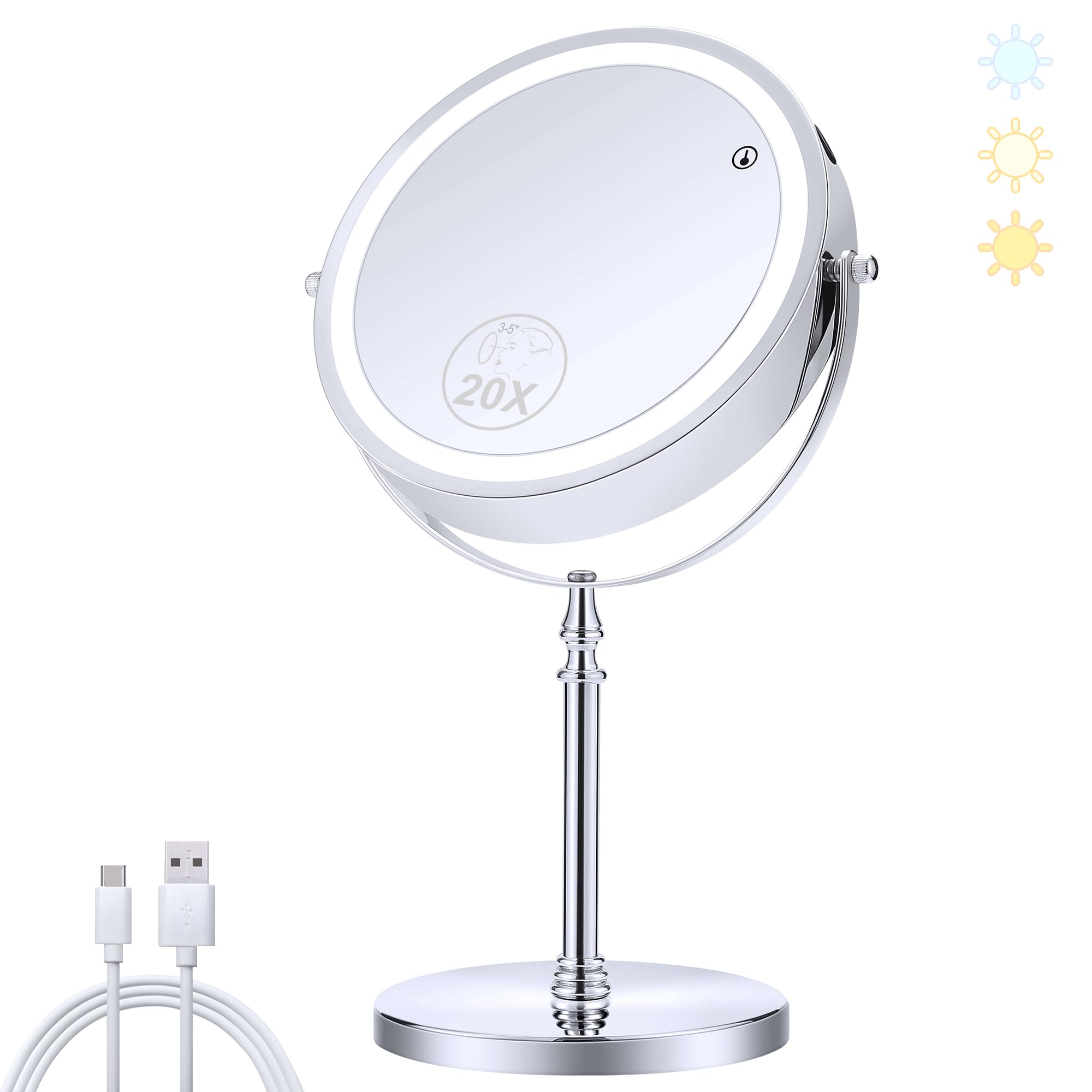 MIYADIVA Lighted Makeup Mirror, 20X Magnifying Mirror with Light, Double Sided Makeup Mirror with 20X/1X Magnification, 360Rotat
