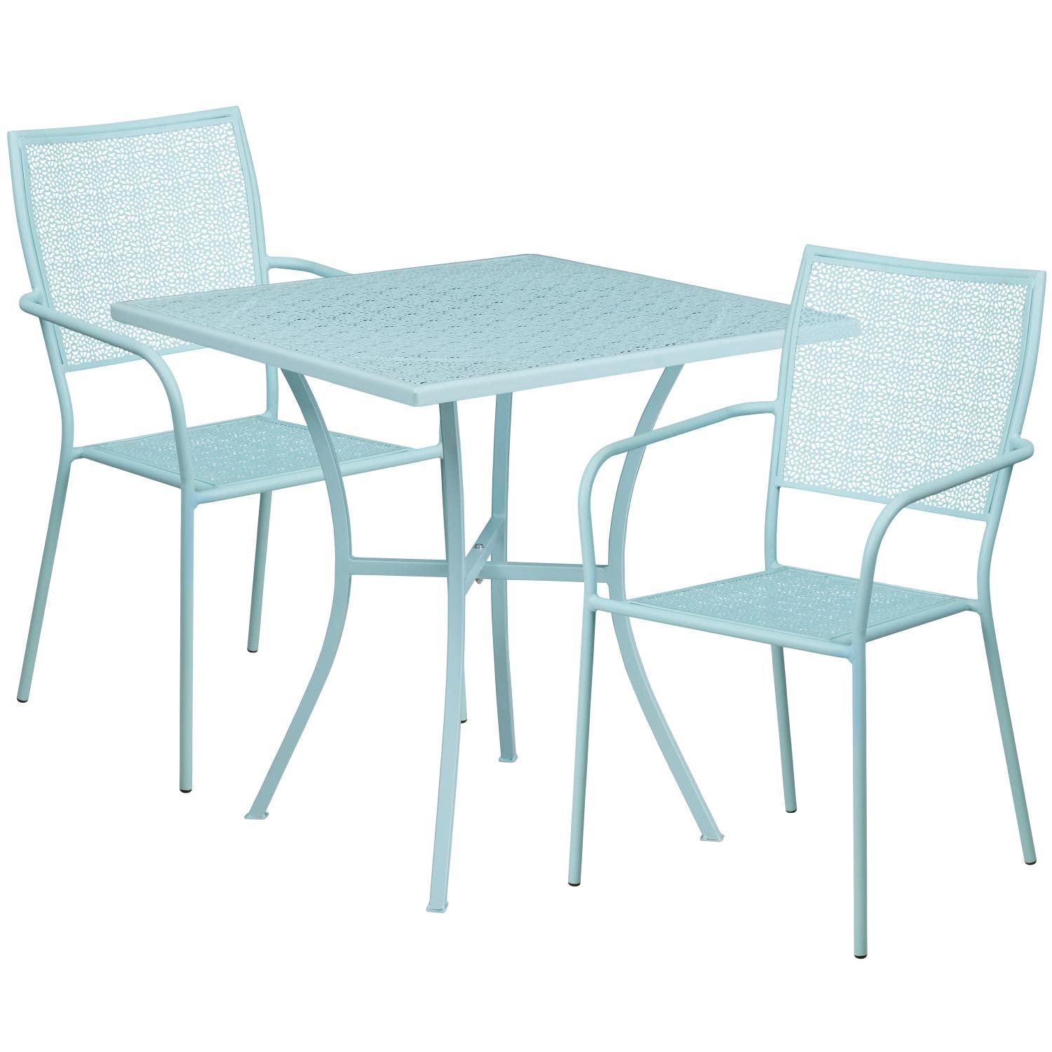 Flash Furniture Commercial Grade 28' Square Sky Blue Indoor-Outdoor Steel Patio Table Set With 2 Square Back Chairs
