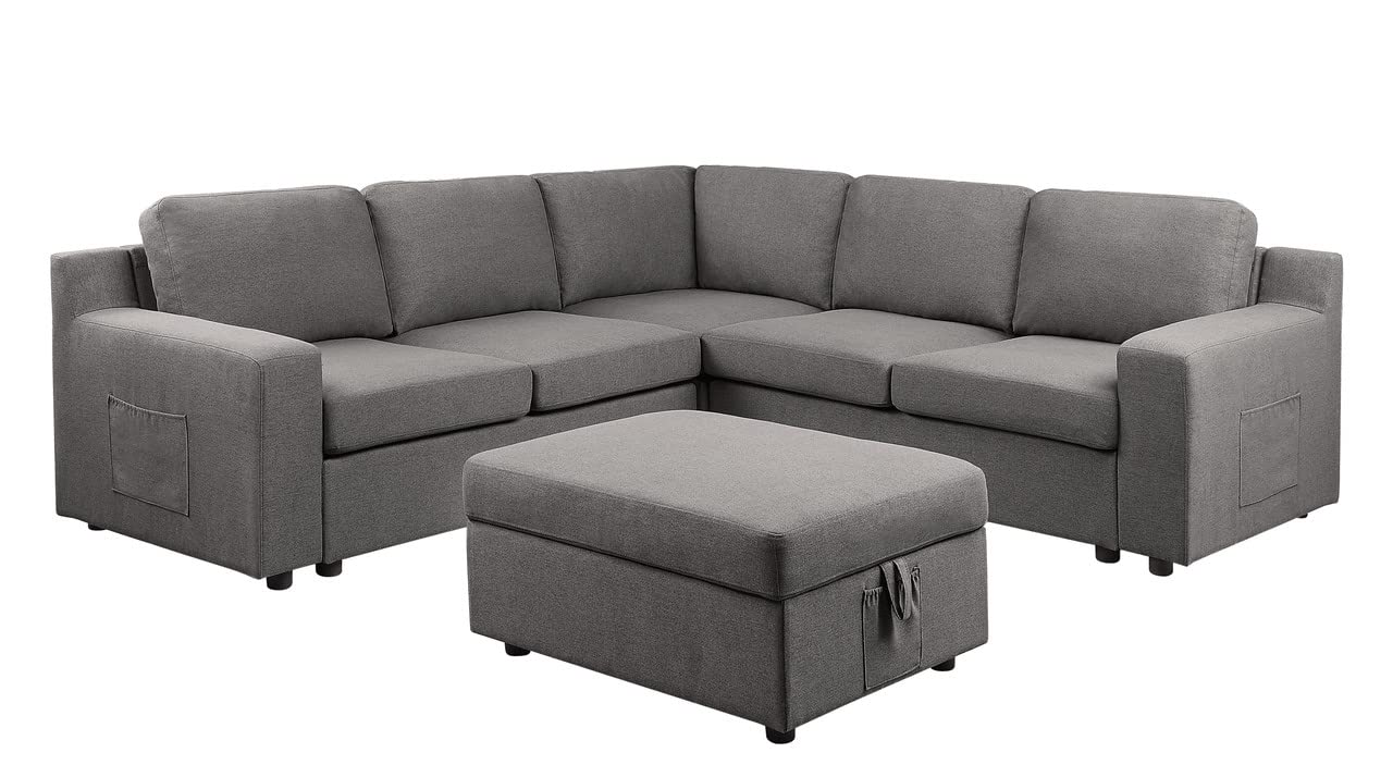 Lilola Home Waylon Gray Linen 6-Seater L-Shape Sectional Sofa with Storage Ottoman and Pockets