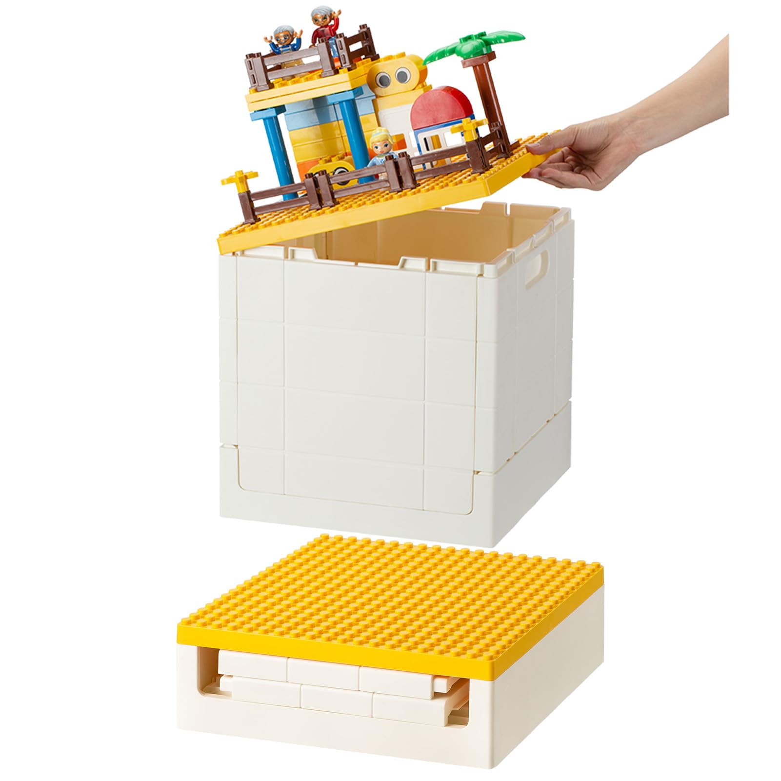 SHIMOYAMA Folding Storage Box with Building Baseplate Lid, 26 Qt. Collapsible Toy Organizer for Duplo Blocks, 25L Bolck Bins for