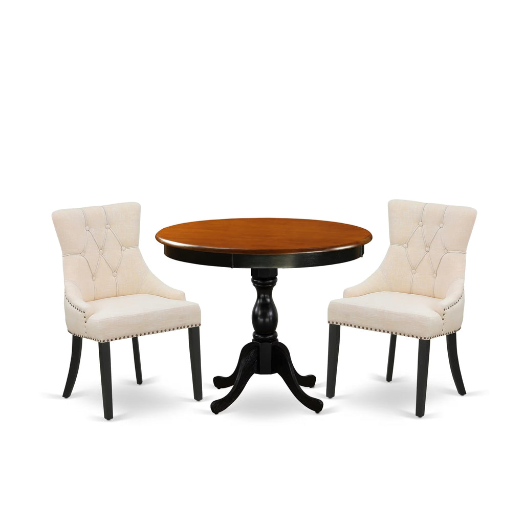 East West Furniture Amfr3-Bch-02 3 Piece Kitchen Table & Chairs Set Contains A Round Dining Table With Pedestal And 2 Light Beige Linen Fabric Upholstered Chairs, 36X36 Inch, Black & Cherry
