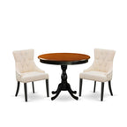 East West Furniture Amfr3-Bch-02 3 Piece Kitchen Table & Chairs Set Contains A Round Dining Table With Pedestal And 2 Light Beige Linen Fabric Upholstered Chairs, 36X36 Inch, Black & Cherry