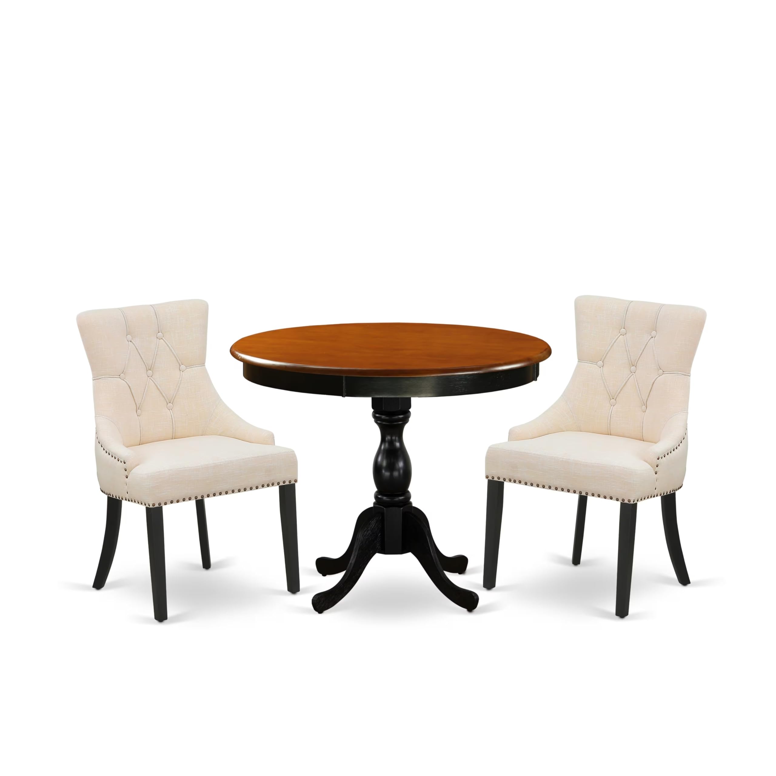 East West Furniture Amfr3-Bch-02 3 Piece Kitchen Table & Chairs Set Contains A Round Dining Table With Pedestal And 2 Light Beige Linen Fabric Upholstered Chairs, 36X36 Inch, Black & Cherry