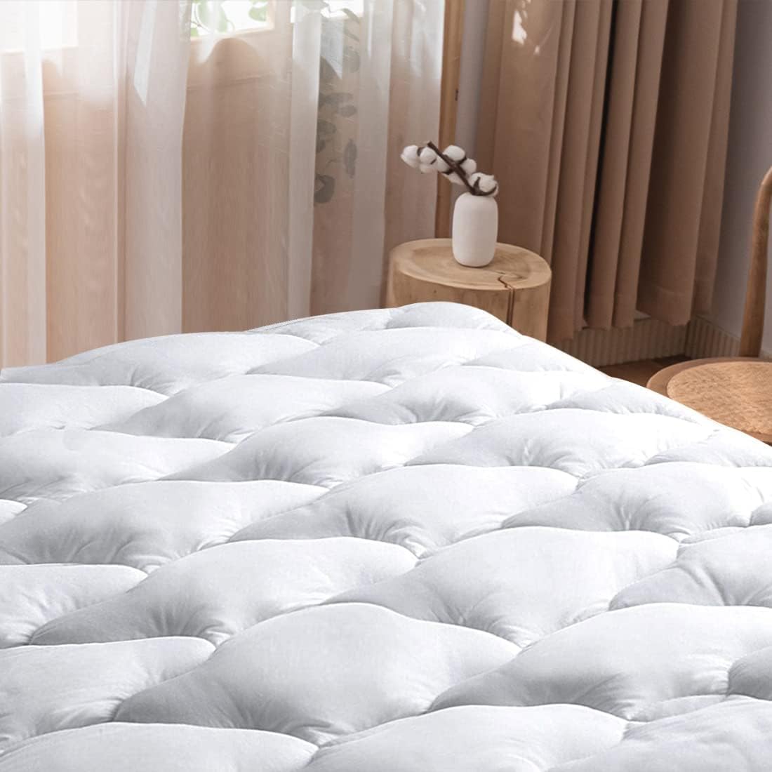 Whatsbedding Waterproof Mattress Pad King Cotton Top Down Alternative Filling Pillowtop Mattress Topper Cover-Fitted Quilted (Wa