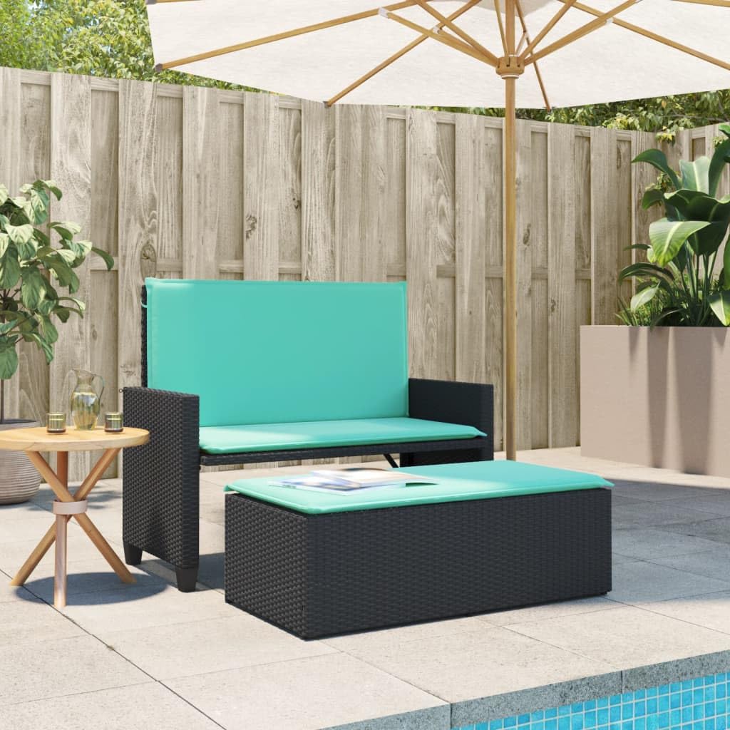 vidaXL Patio Bench with Cushions & Footstool - Poly Rattan, Black, 2-in-1 Outdoor Garden Sofa Bed, 48"x21.7"x38.2"