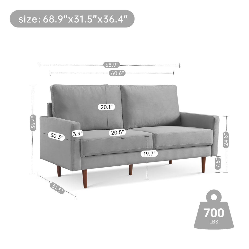 American Furniture Classics Grey 69 Inch Wide Upholstered Two Cushion Sofa with Square Arms Velvet, 69" x 32" x 37"