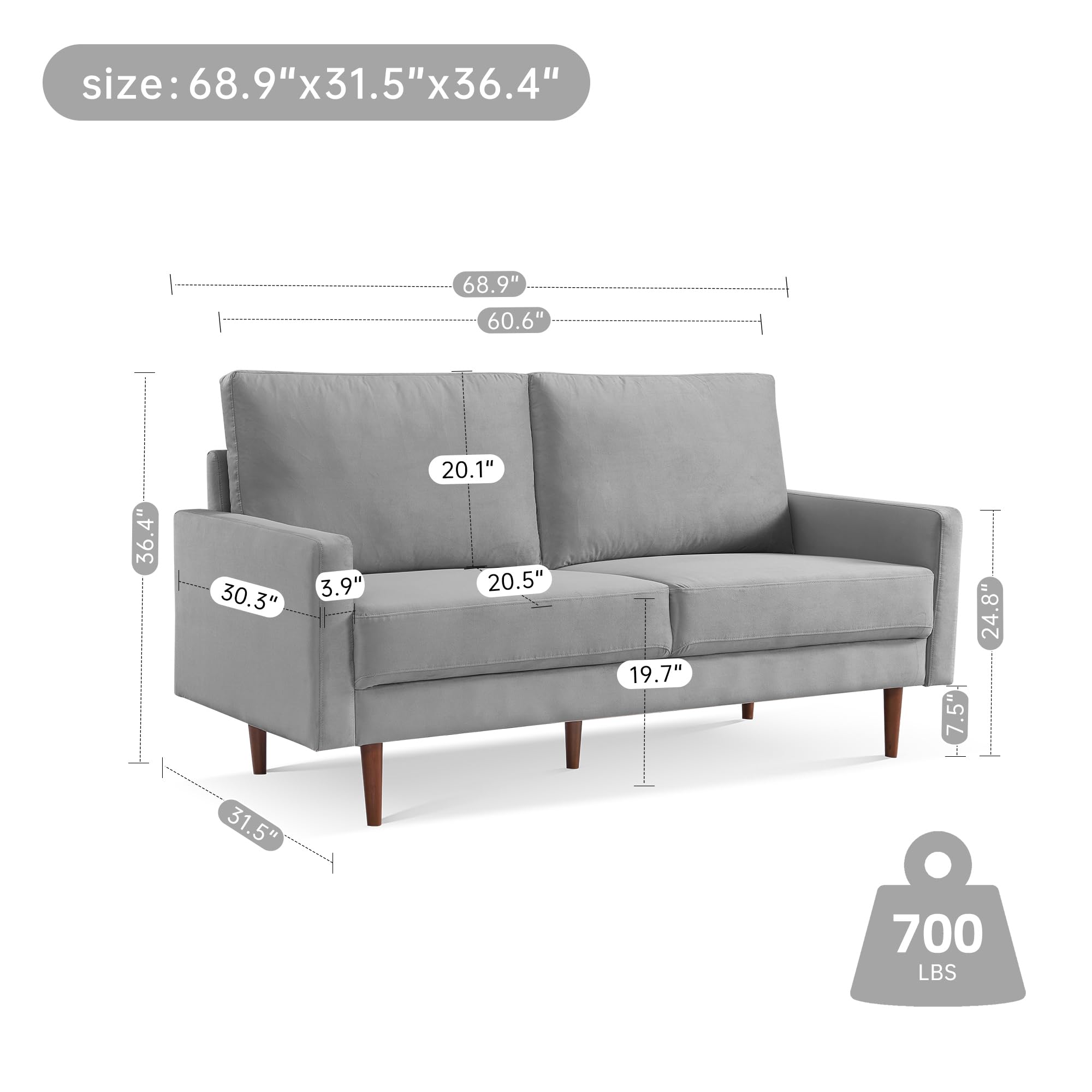 American Furniture Classics Grey 69 Inch Wide Upholstered Two Cushion Sofa with Square Arms Velvet, 69" x 32" x 37"