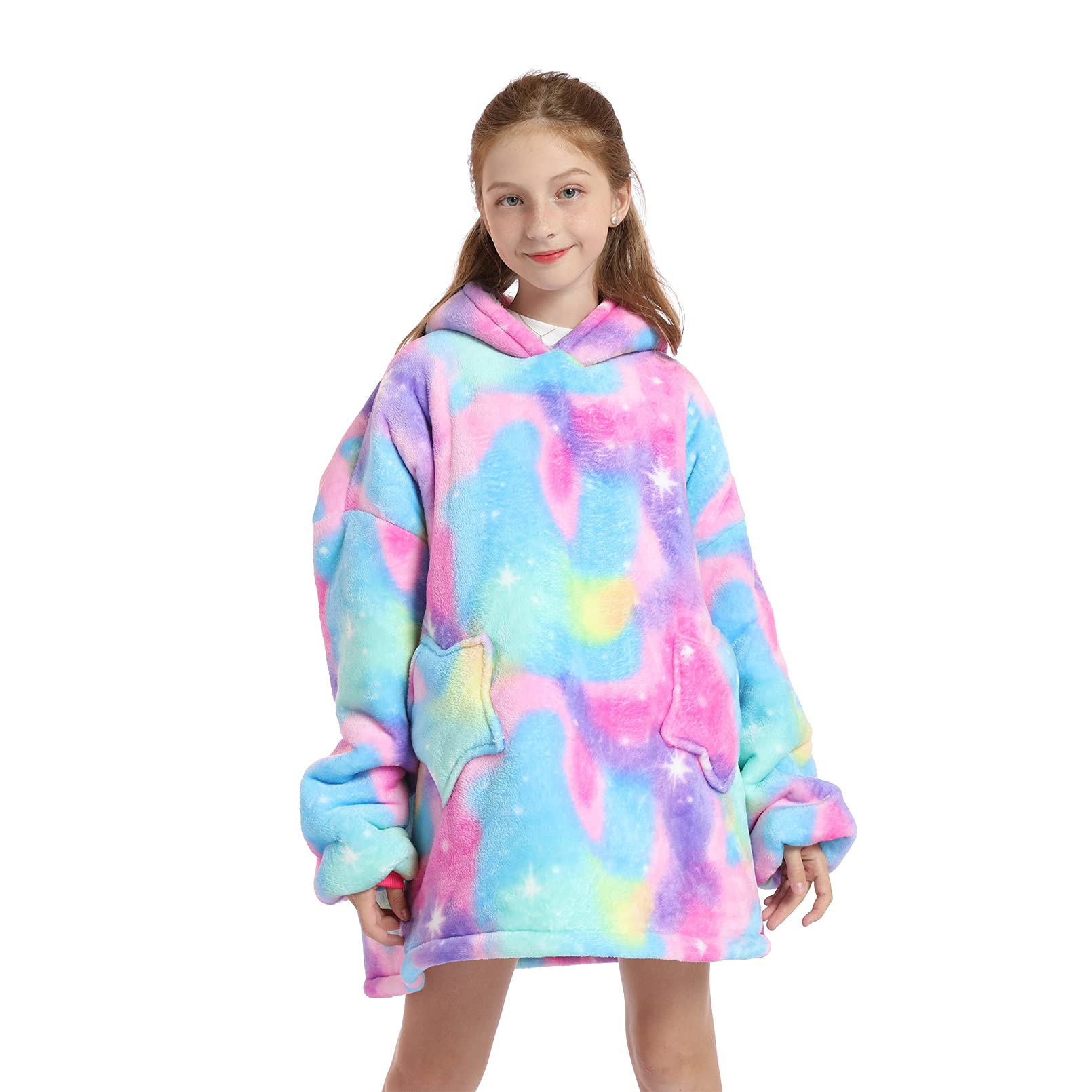 Deserthome Wearable Blanket Hoodie For Kids 4-12Yr Oversized Hooded Blanket Super Soft Comfortable Warm Flannel Colorful