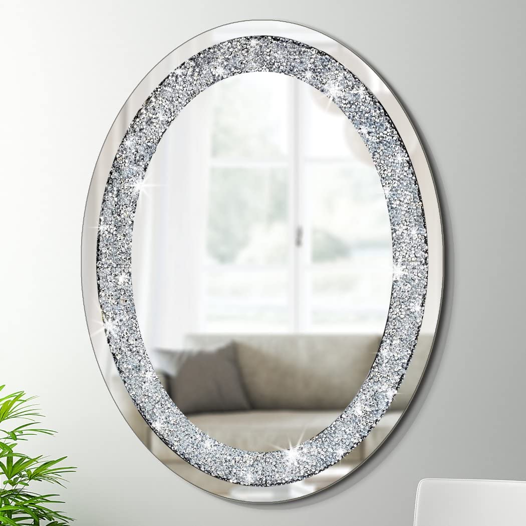 DMDFIRST Crystal Crushed Diamond Oval Shaped Silver Mirror Glam Bling for Wall Decoration 24x32x0.9inch Frameless Wall Hang Spar