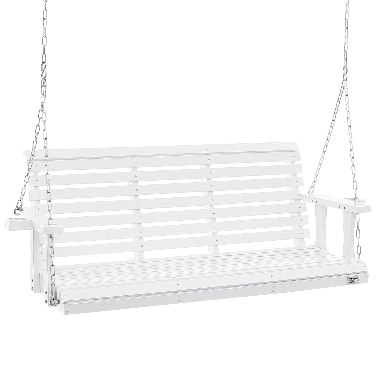 Vevor Wooden Porch Swing 5.5Ft With 2 Side Cup Holders, Heavy Duty 880Lbs Patio Swing, Outdoor Swing Hanging Chair, Bench Swing With Adjustable Chains For Front Porch, Yard, Balcony, Garden, White