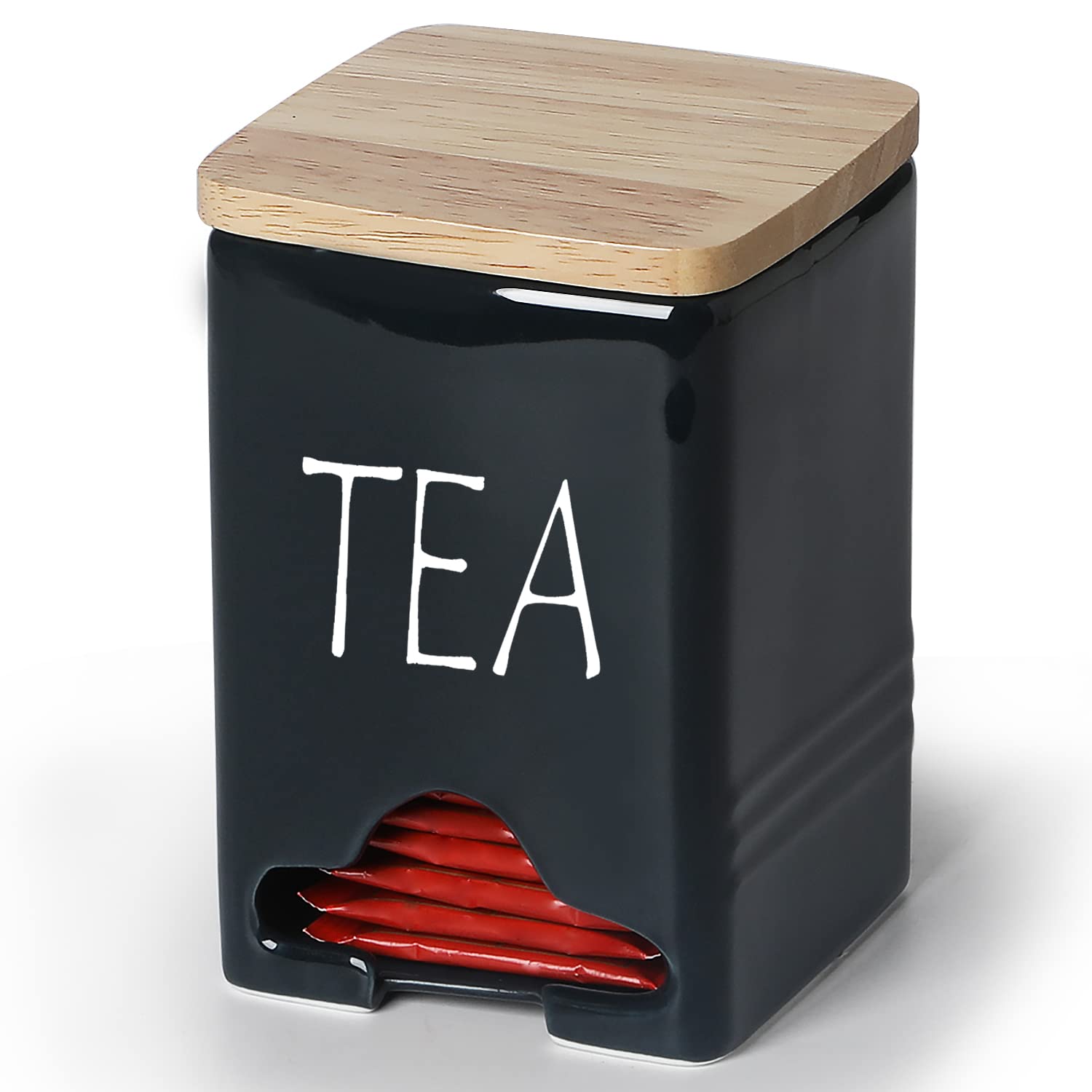 Quxija Ceramic Farmhouse Tea Bag Storage Organizer Caddy Holder With Lid (Navy)