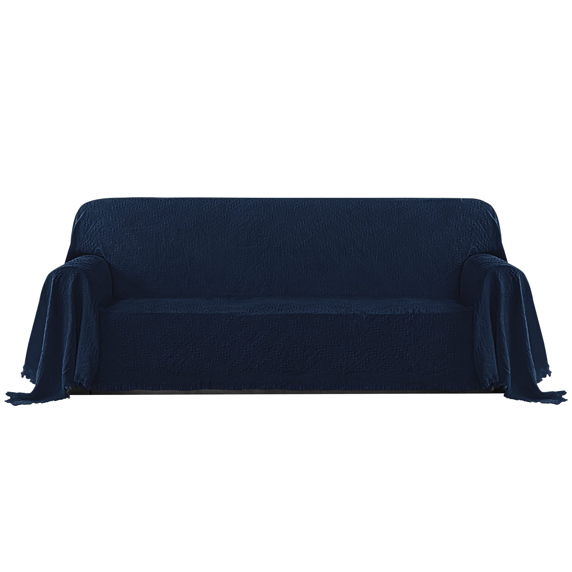 Purefit Geometric Jacquard Throw Sofa Cover - Textured Soft Washable Decorative Couch Covers For 3 Cushion Couch, Throw Cover With Tassels Furniture Protector For Pets, Kids (X-Large, Navy)