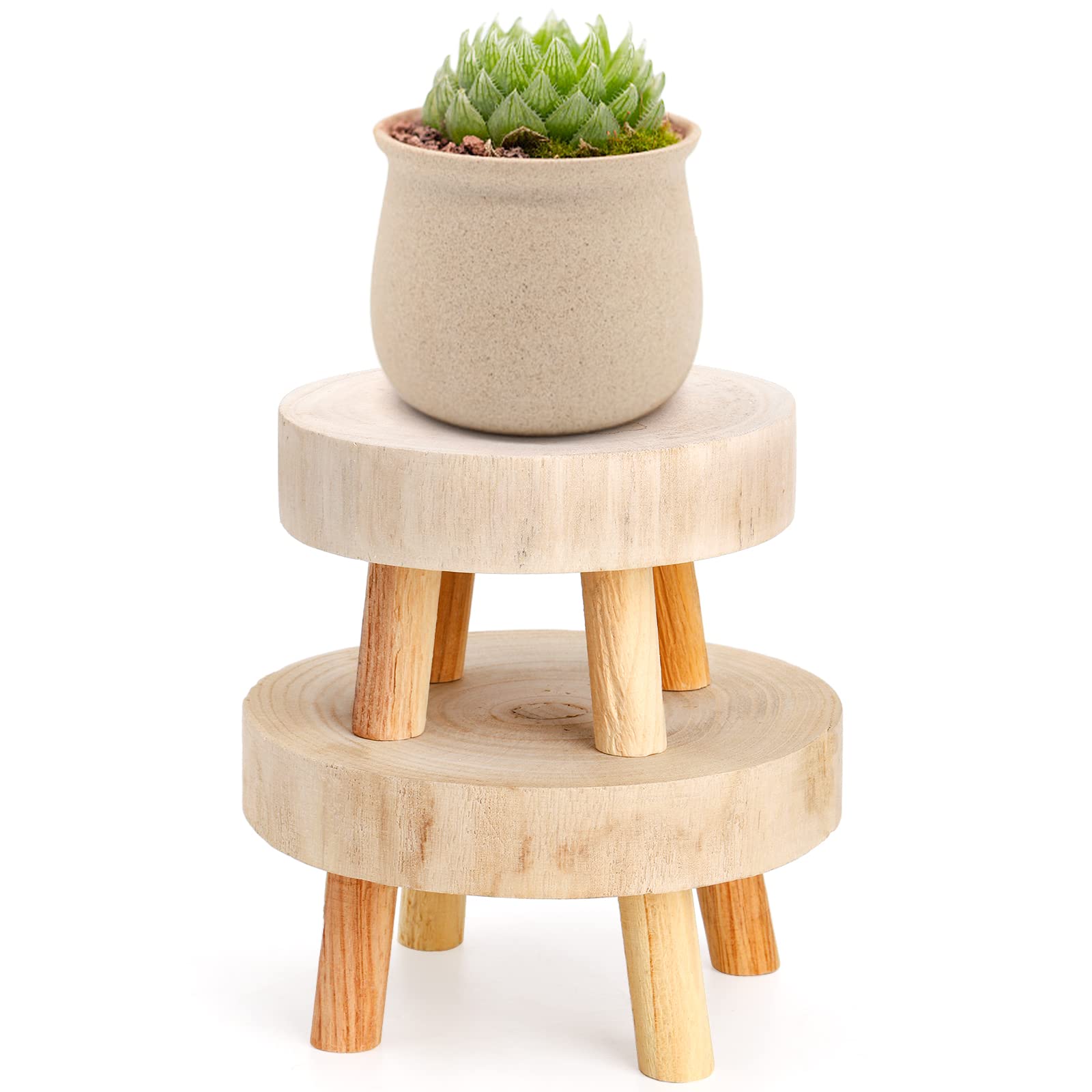 Topzea Set Of 2 Mini Wooden Stool Display Stand, Short Wood Riser Stools Decorative Boho Small Pedestal Stand Counter Potted Pla