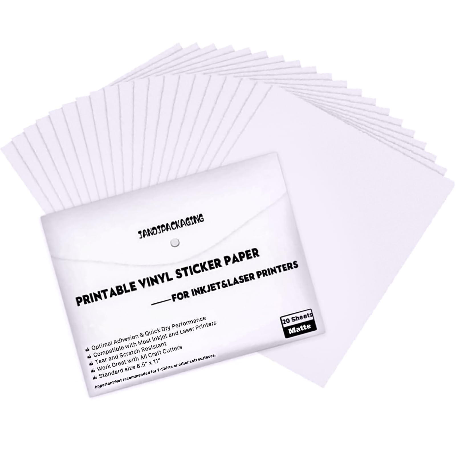 Jandjpackaging Printable Sticker Paper-20 Sheets Matte Printable Vinyl For Inkjet Printer-Waterproof Sticker Paper A4 Size (8.5'