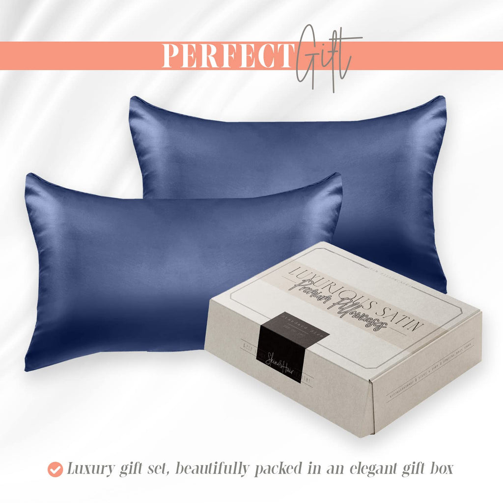 Elegant Comfort Silky And Luxurious 2-Piece Satin Pillowcase Set For Healthier Skin And Hair, Hidden Zipper Closure And Beautifully Packaged, Satin Pillowcase Set, Standard/Queen, Navy Blue