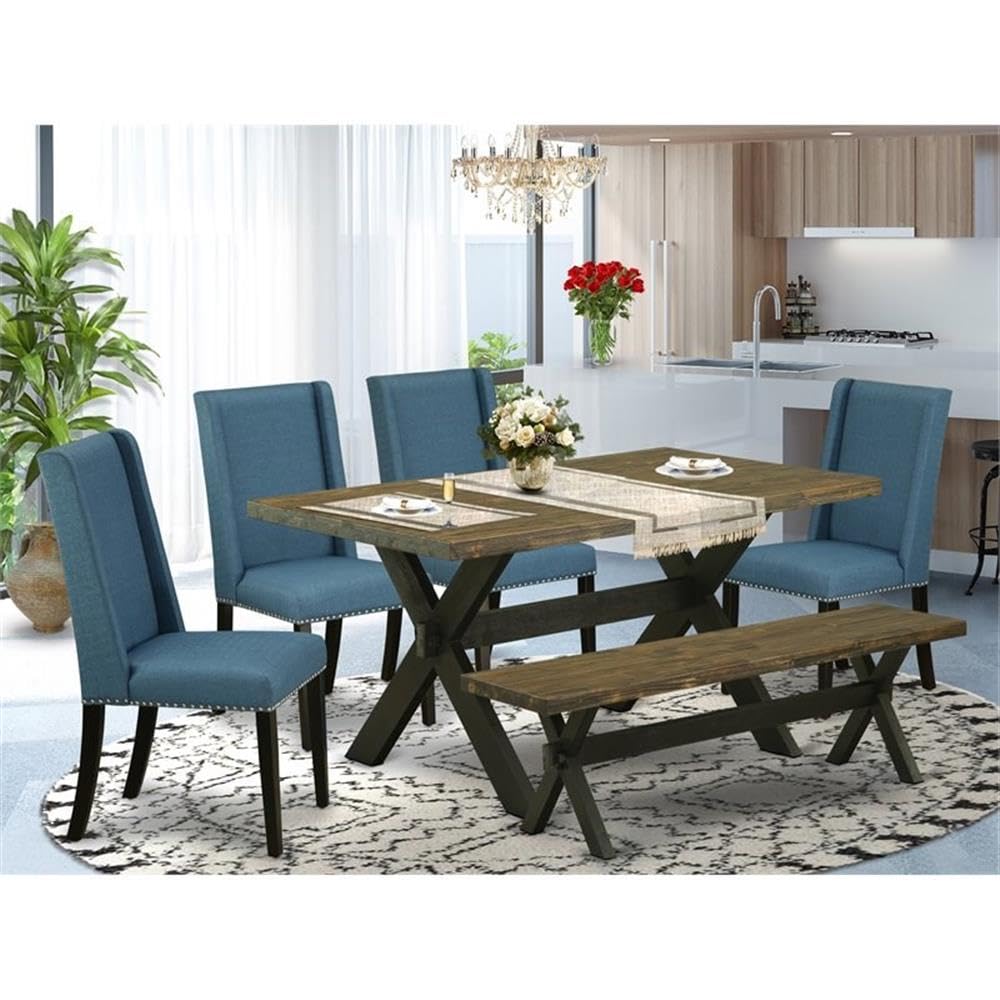 East West Furniture X676Fl121-6 6 Piece Dining Room Set Contains A Rectangle Dining Table With X-Legs And 4 Blue Linen Fabric Upholstered Chairs With A Bench, 36X60 Inch, Multi-Color