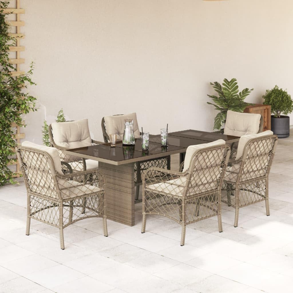 vidaXL - 7 Piece Patio Dining Set with Cushions - Beige Poly Rattan and Tempered Glass Table for Garden/Backyard/Patio - with Removable and Washable Covers
