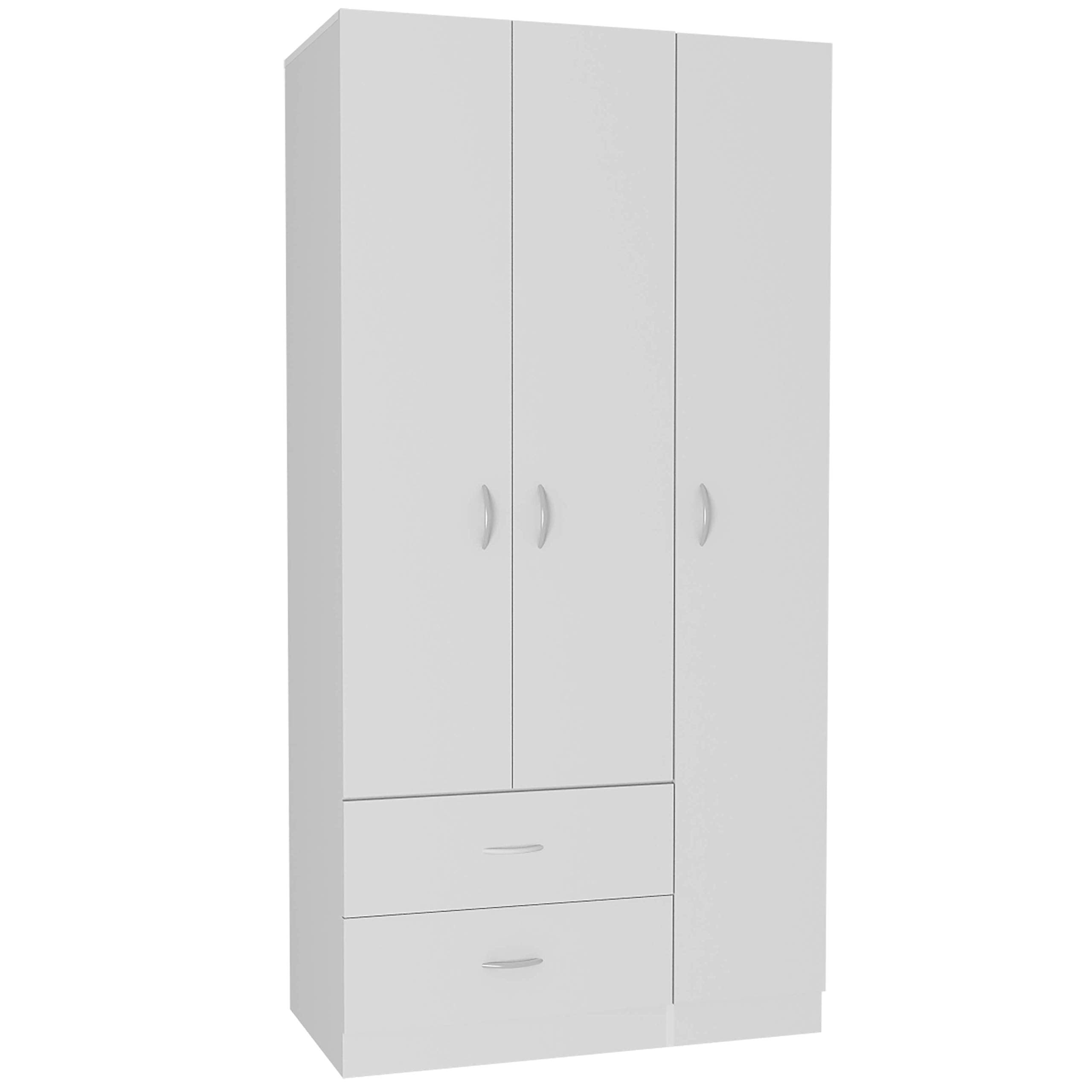 DEPOT E-SHOP Bosko 3 Doors Armoire, 2 Drawers, Metal Rod, Four Shelves, White