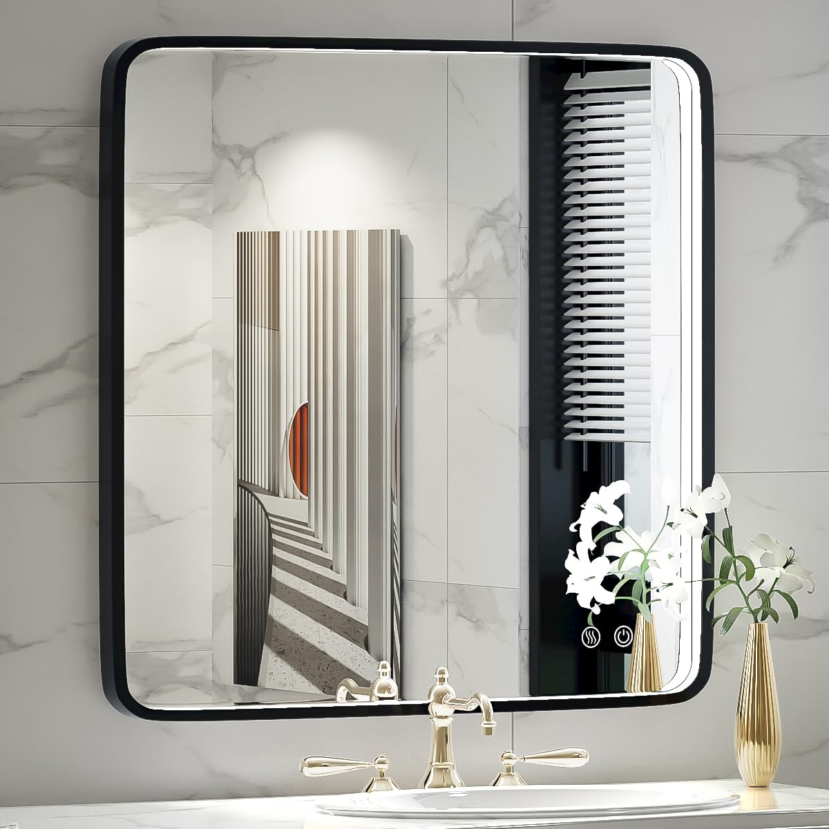 FTOTI 36X36 Inch Black Frame Bathroom with Lights,Wall Mounted Lighted Vanity Mirror,Anti Fog Dimmable Led Mirror for Makeup(Hor