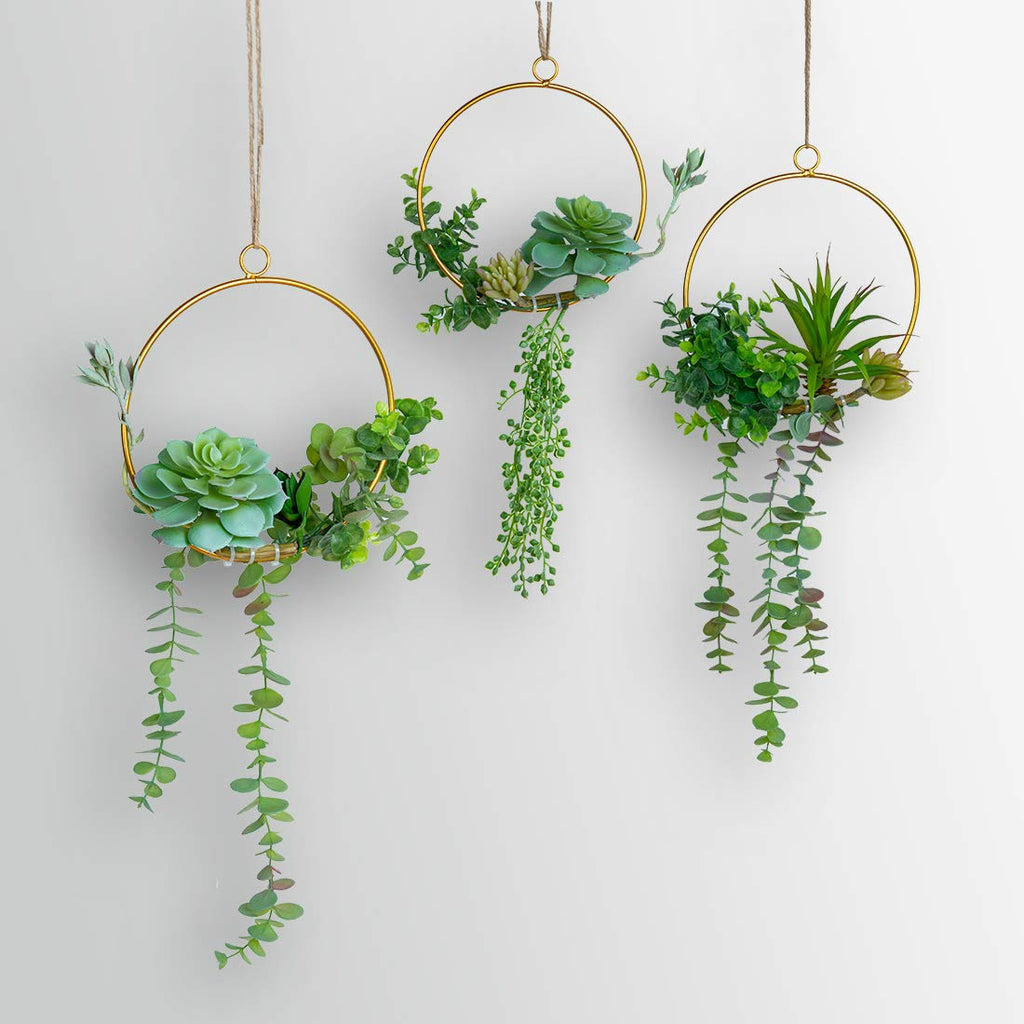 Swthony Artificial Succulents Wreath Set Of 3 Hanging Gold Geometric Garland Greenery Wreath Wall Decor For Wedding Party Nurser