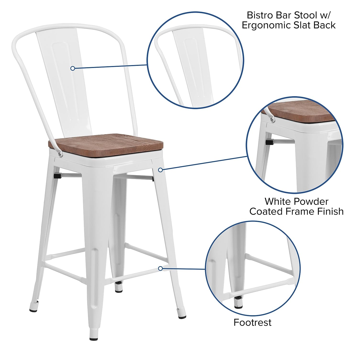Flash Furniture Lily 24&quot; High White Metal Counter Height Stool With Back And Wood Seat (Pack Of 1)
