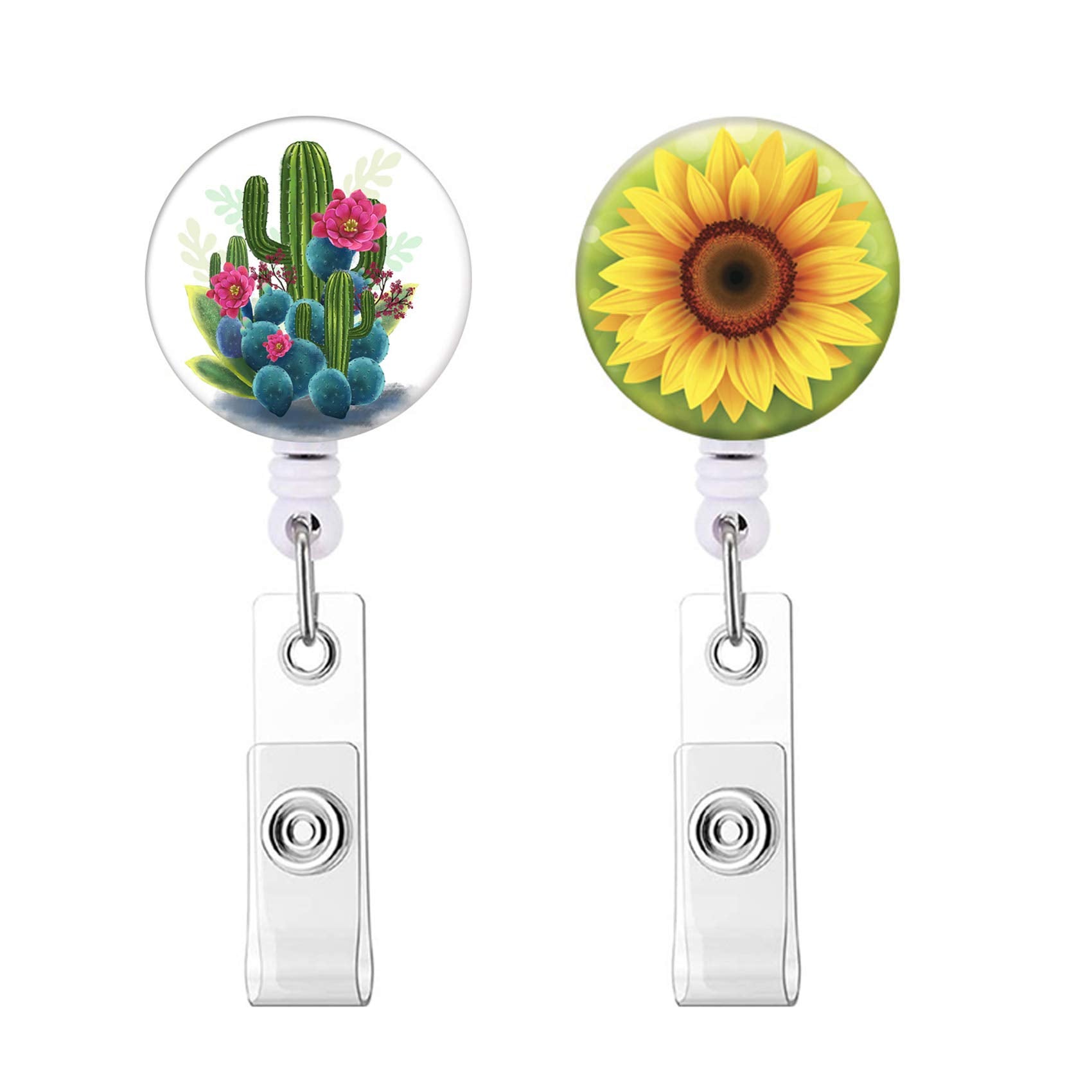 Retractable Badge Holders, Cute Nursing Badge Reel, Badge Clip Id Card Holders (2Pack(Catus+Sunflower))