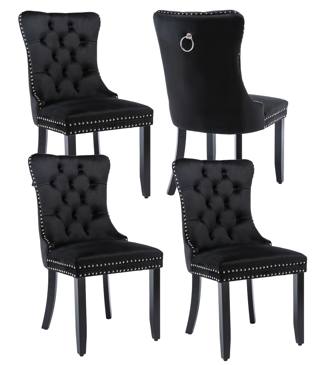 Black Velvet Dining Chairs Set Of 4, Upholstered Dining Room Chairs With Back Ring Pull Trim And Solid Wood Legs,Modern Dining C