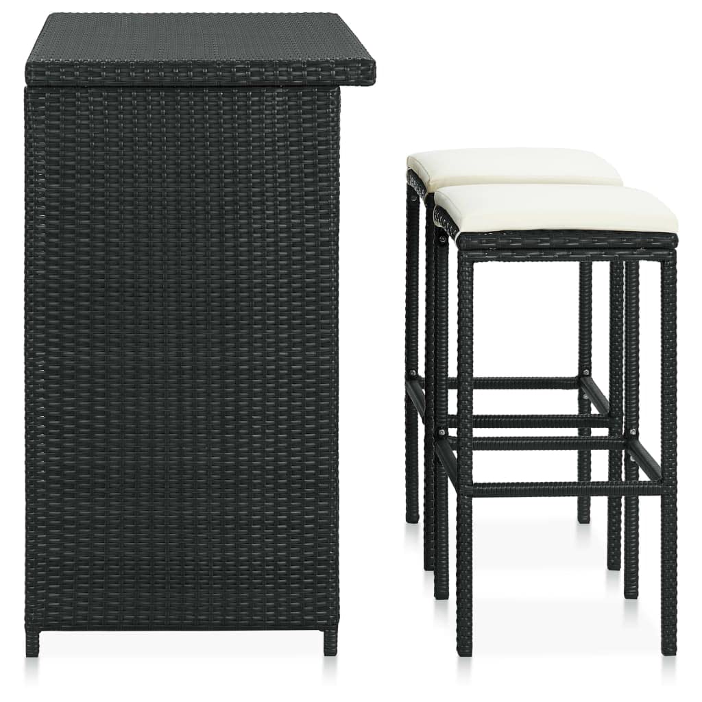 vidaXL 3 Piece Modern Outdoor Bar Set, Black Poly Rattan with Cream-White Cushion, Steel Frame, Suitable for Indoor/Outdoor, Patio, Pub, Garden Furniture Set.