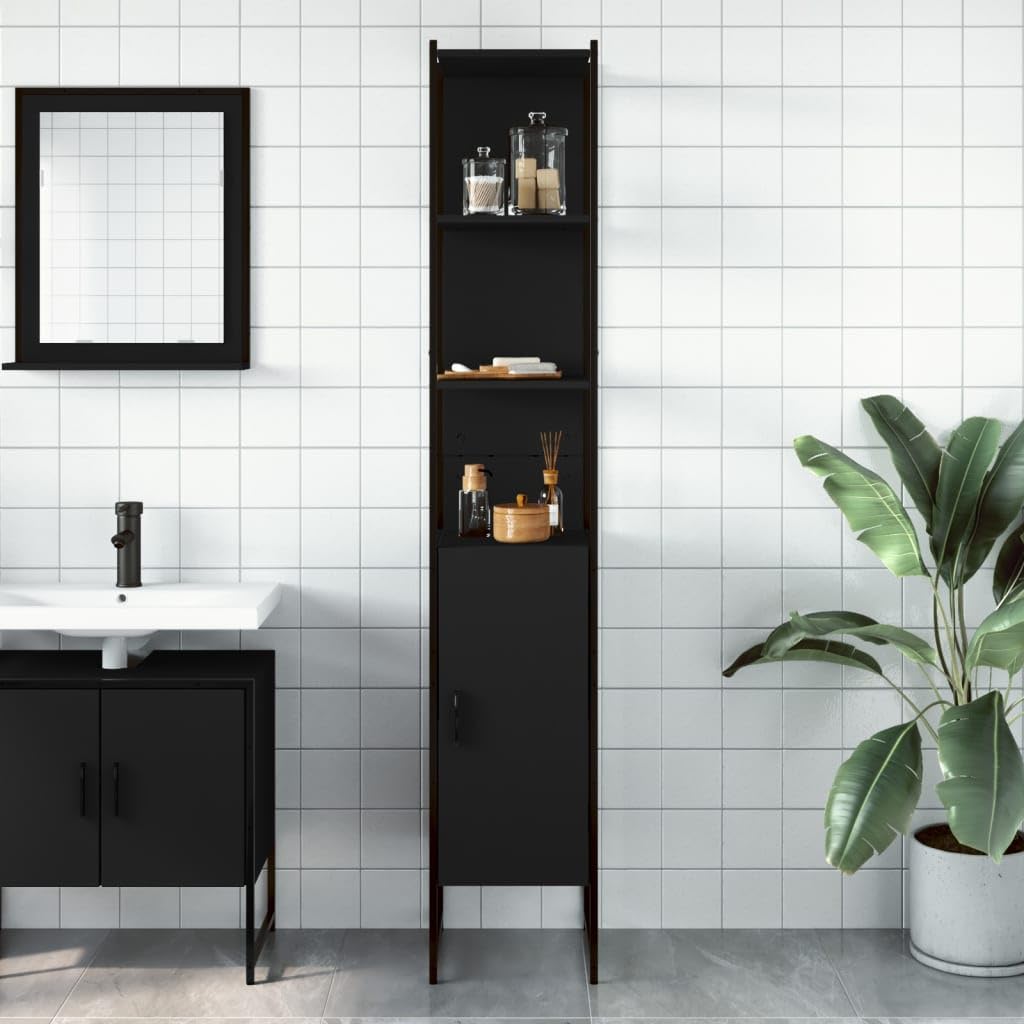 vidaXL Bathroom Cabinet - Black, Engineered Wood and Steel, Space-Saving 13&quot;x13&quot;x73&quot; Storage Solution for Toiletries
