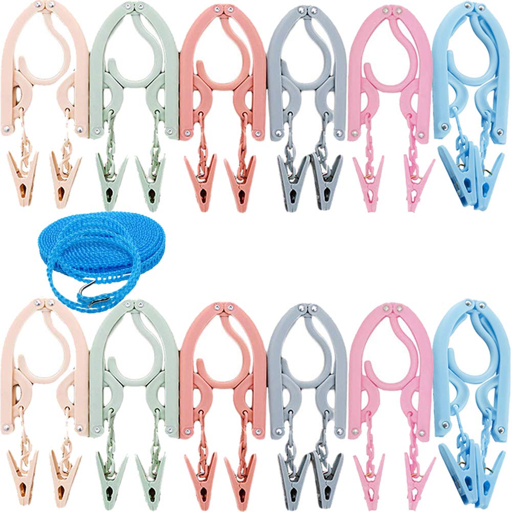 Travel Hangers with Clips Portable Folding Clothes Hangers with 1 pcs Clothesline 12 pcs with 24 pcs Hanger Clips for Scarves Su