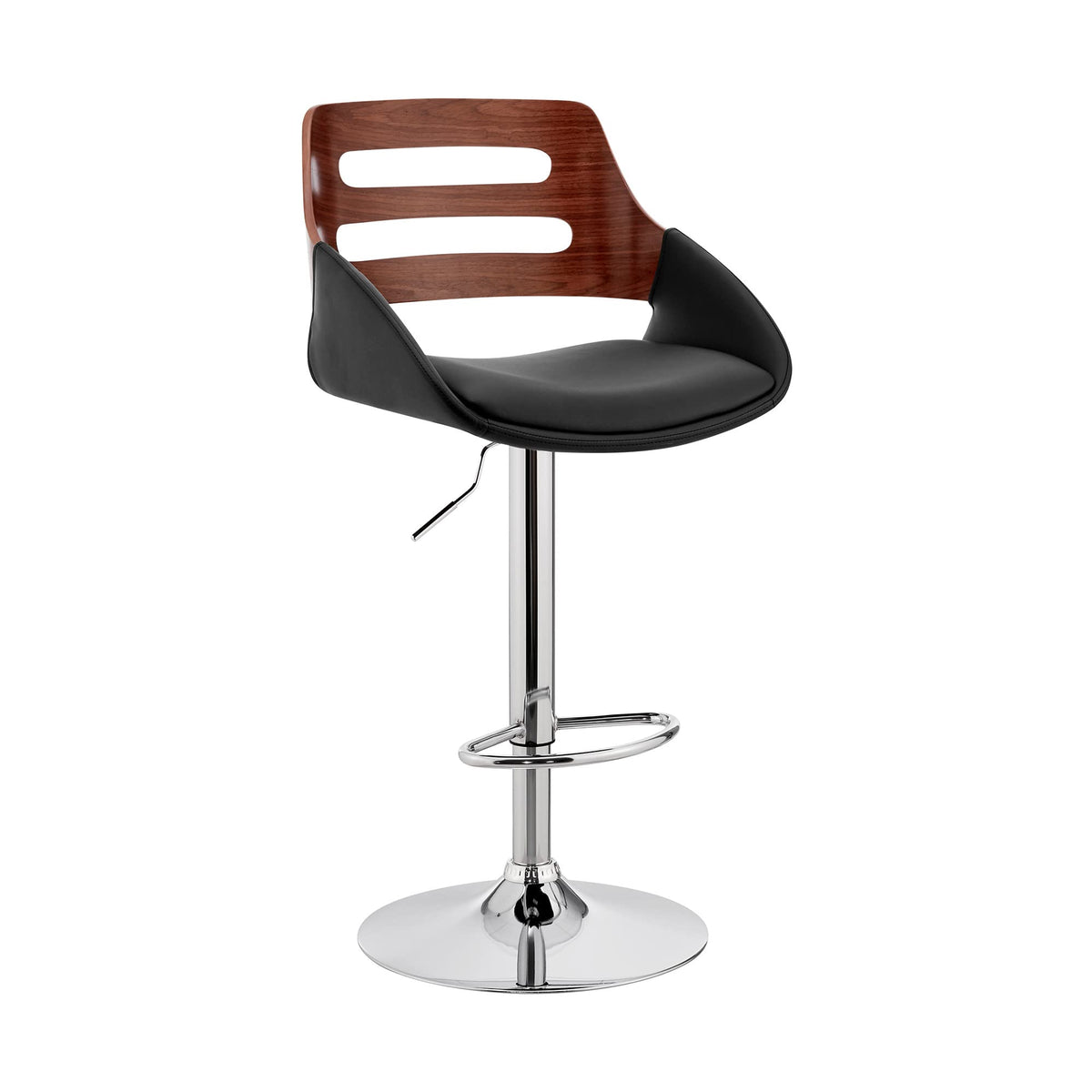 HomeRoots Metal/Plywood/Faux Leather Black Faux Leather & Walnut Wood Adjustable Bar Stool