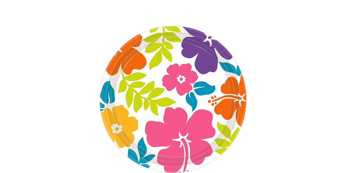 Amscan Hibiscus White Plastic Party Plates - 7'', Pack of 50