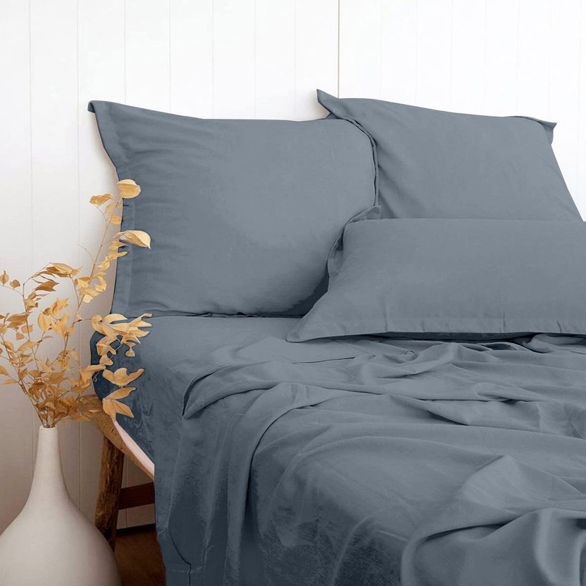 Pandatex Gray Blue Linen-Textured 55 Viscose From Bamboo 45 Cotton Sheets Set Full Size, Soft Cool  Breathable Sheets For Hot Sl
