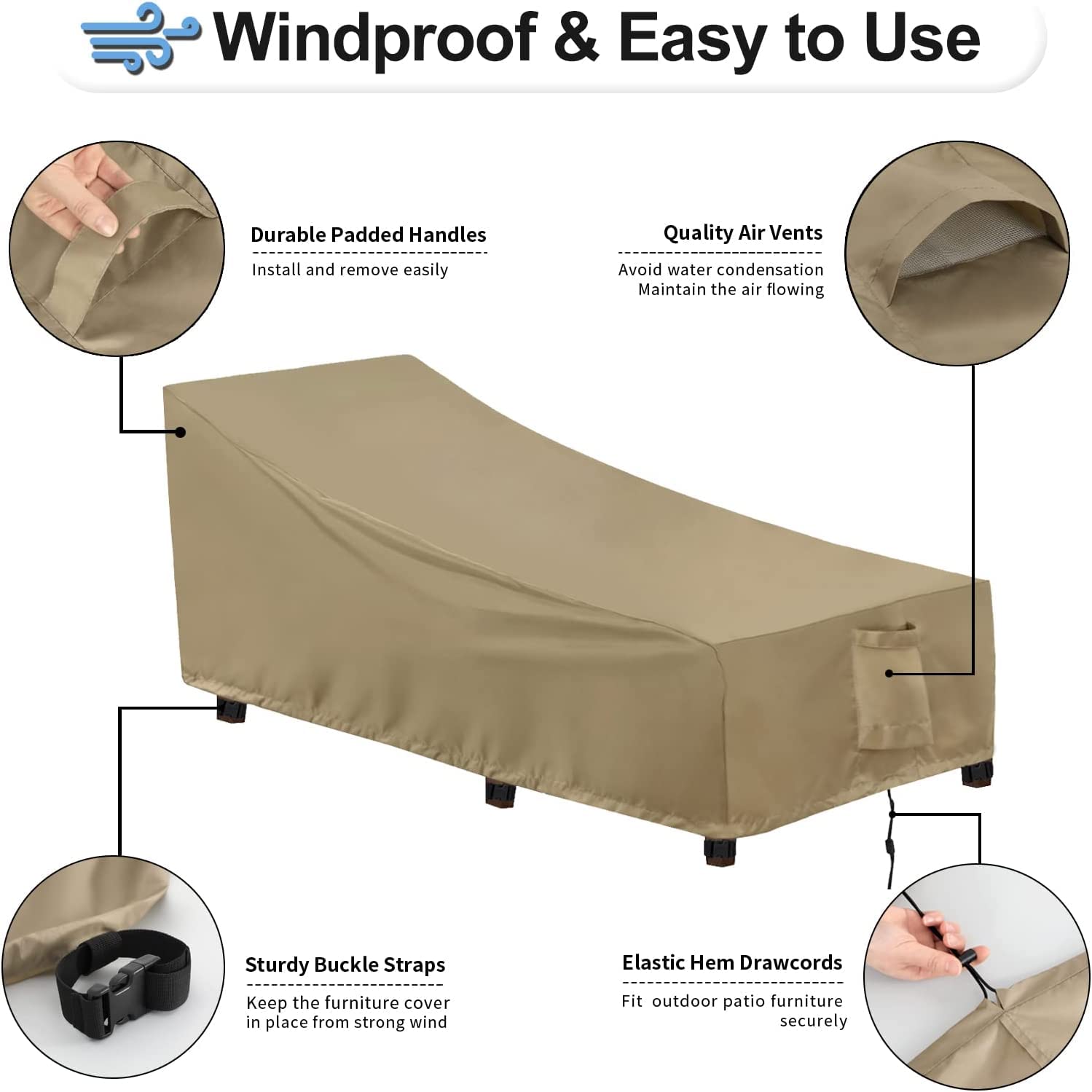 Outdoorlines Outdoor Waterproof Patio Chaise Lounge Chair Cover - Uv Resistant Lounger Covers Heavy Duty Weatherproof Patio Sofa Furniture Covers, 2 Packs, 68Wx30Dx30H Inches, Camel