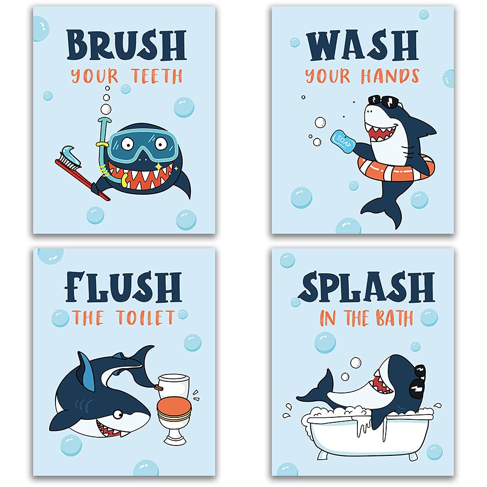 IIILUYOT Funny Shark Bathroom Decor Rules, Novelty Sea Critters Bathroom Rules Wall Art for Kids, Girls Boys, Nursery, Wash Brus