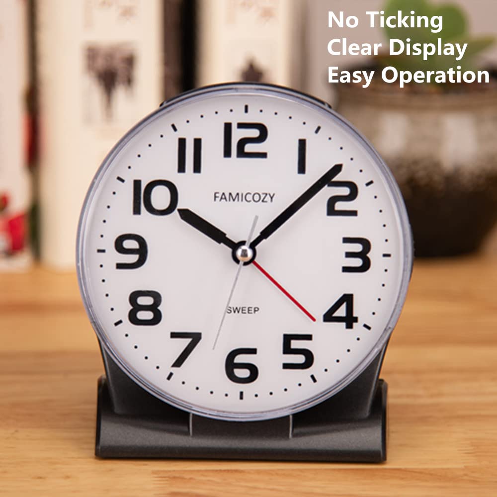 Famicozy 4.5'' No Ticking Analog Alarm Clock,Silent Readable For Seniors,Easy To Set,Gradual Rise Alarm,Big Numbers,On/Off Switc