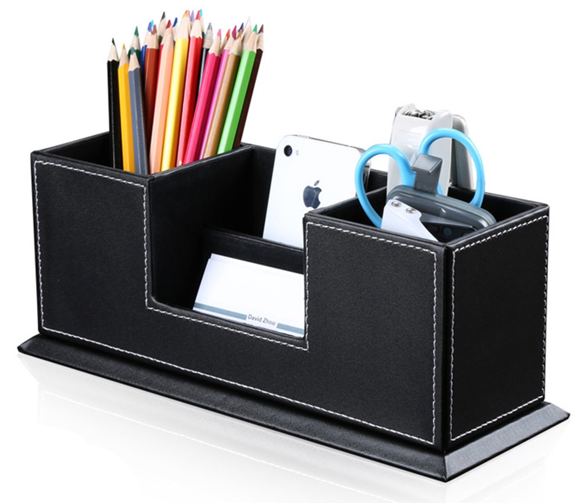 Kingfom Office Supplies Desk Organizer Pu Leather Storage Box 4 Divided Compartments For Pen Business Card Remote Control Mobile