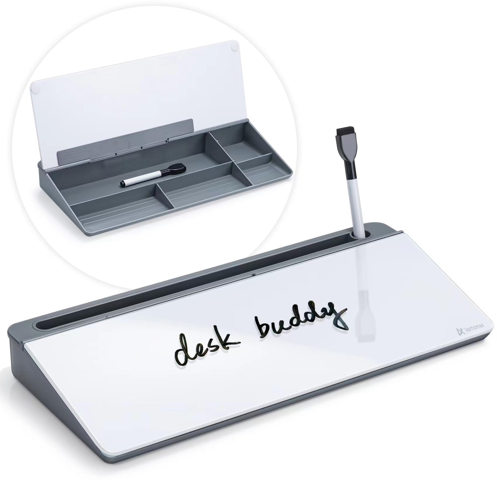 Varhomax Glass Desk Whiteboard Gray With Calculator, Desktop Dry Erase White Board With Storage, Desk Board Buddy To Do List Mem