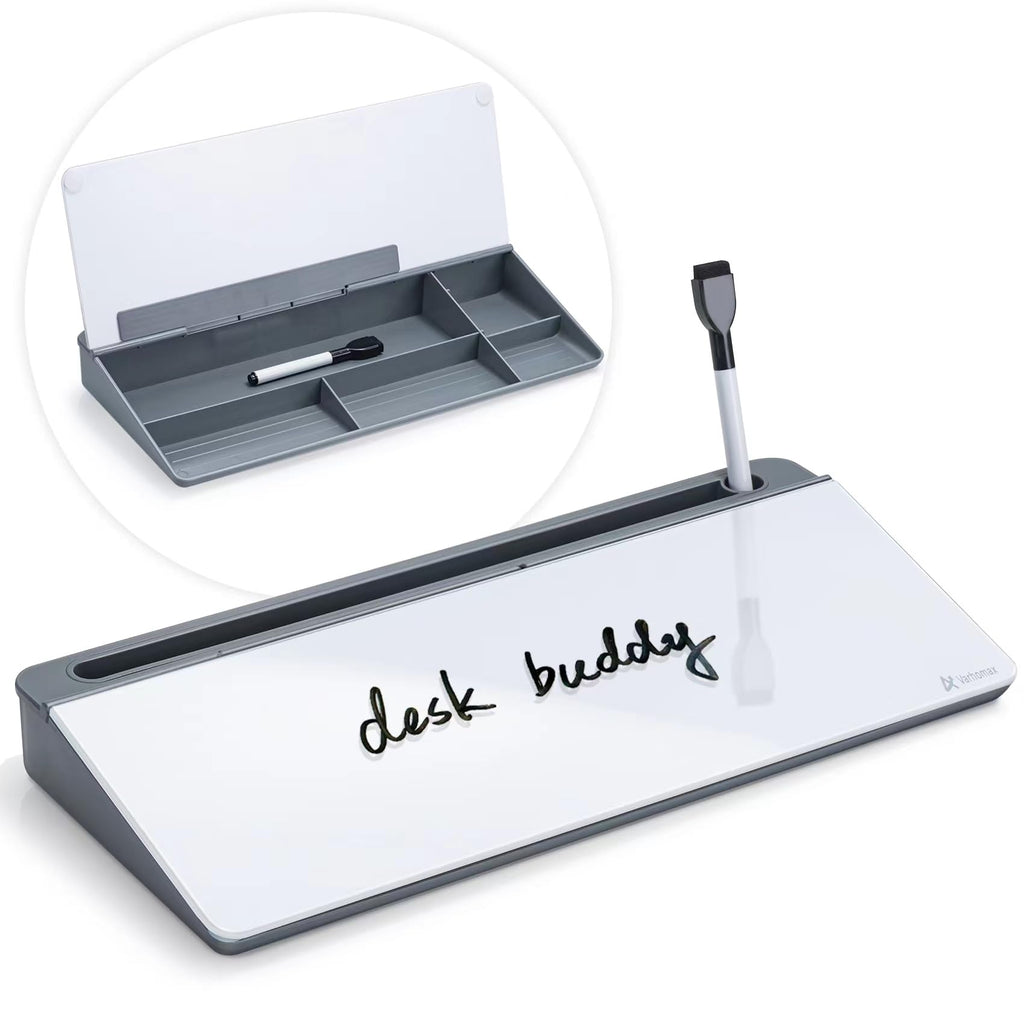 Varhomax Glass Desk Whiteboard Gray With Calculator, Desktop Dry Erase White Board With Storage, Desk Board Buddy To Do List Mem