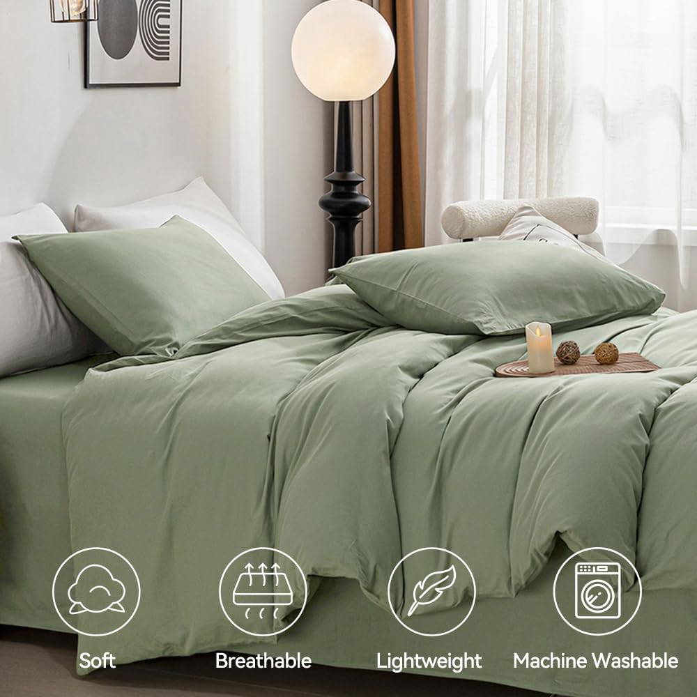 Jellymoni Light Green Duvet Cover Full Size - 100% Washed Cotton Linen Like Textured Comforter Cover, 3 Pieces Breathable Soft B
