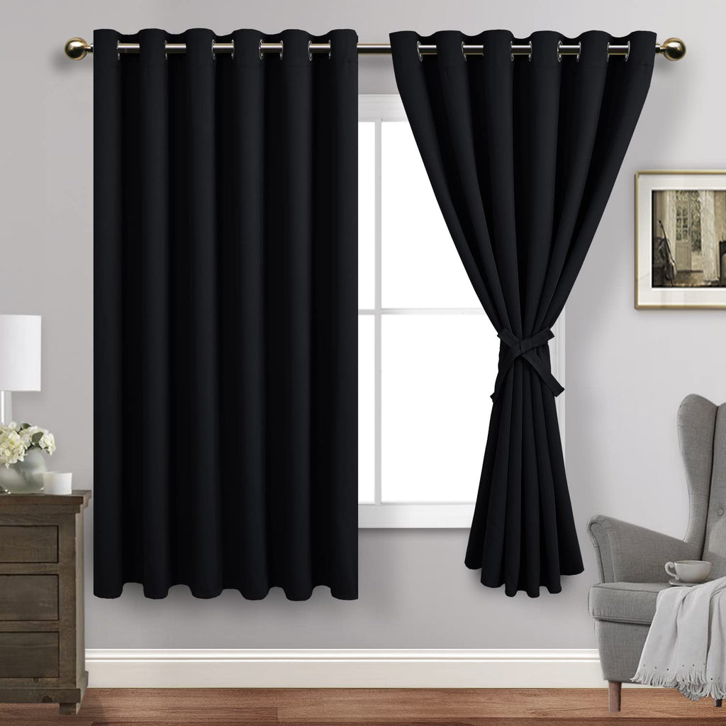 Jiuzhen Black Blackout Curtains With Tiebacks - Thermal Insulated, Light Blocking And Noise Reducing Grommet Curtains For Bedroom And Living Room, Set Of 2 Window Curtain Panels, 70 X 63 Inch Length