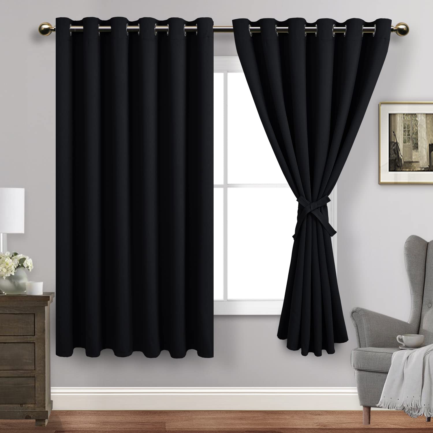 Jiuzhen Black Blackout Curtains With Tiebacks - Thermal Insulated, Light Blocking And Noise Reducing Grommet Curtains For Bedroom And Living Room, Set Of 2 Window Curtain Panels, 70 X 63 Inch Length