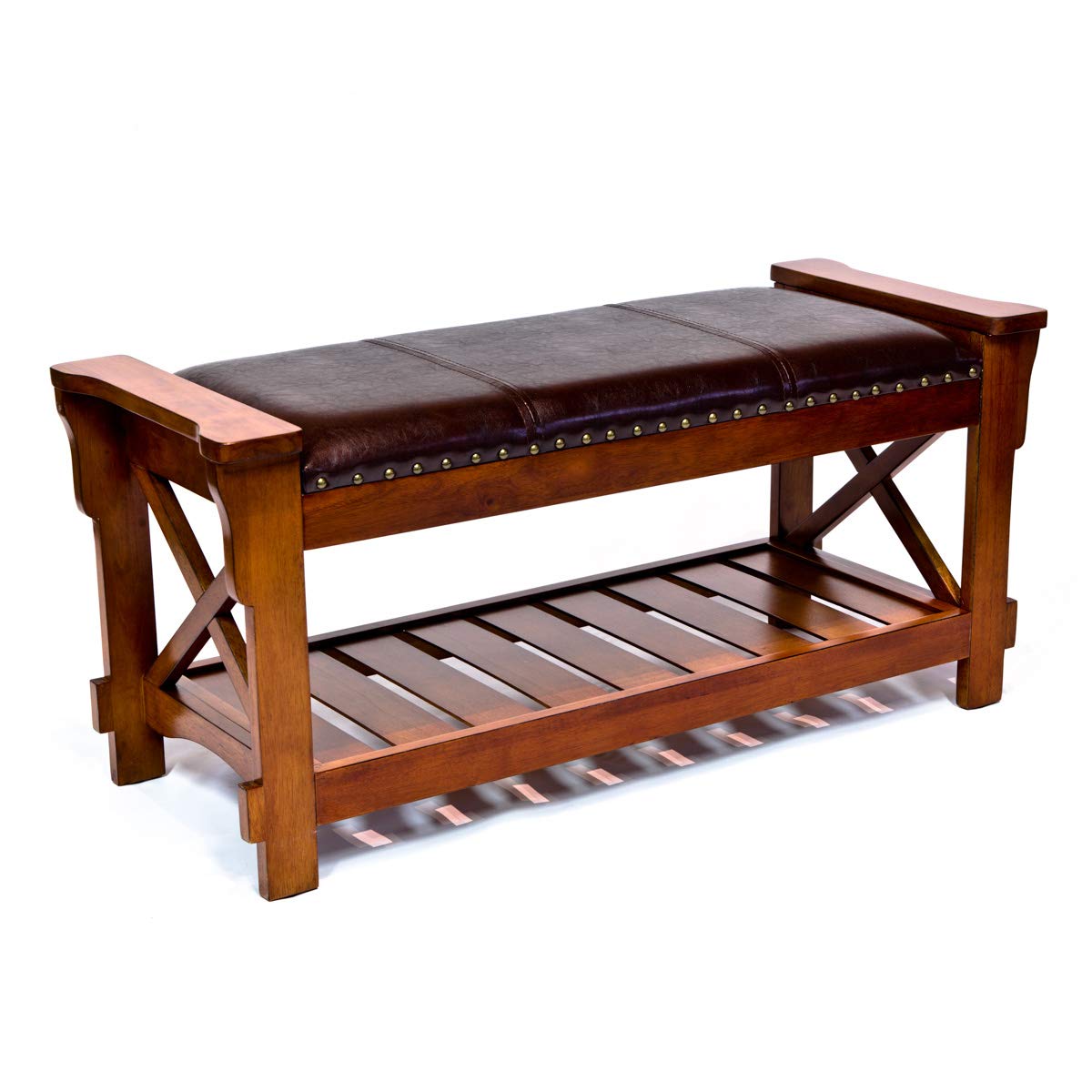 All Things Cedar Classic Accents HR360 Padded Entryway Bench | Cherry Wood Bench | Birch Veneer, Solid Wood Legs & Shelf Storage | Elegant Wooden Entry Bench | 43.75x17.5x20