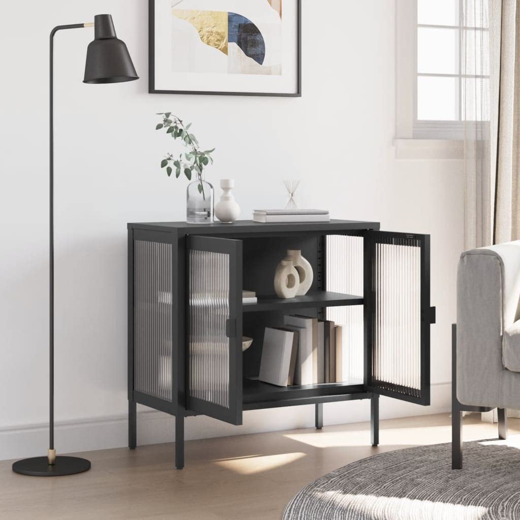 vidaXL Black Sideboard 27.6"x13.8"x27.6": Modern Style Steel and Fluted Glass Construction, Adjustable Shelf with Levelers, Versatile Storage Solution