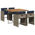 vidaXL Patio Dining Set - 5 Piece Gray Poly Rattan Furniture with Cushions - Foldable Chairs, Acacia Wood Tabletop, Outdoor/Garden/Backyard