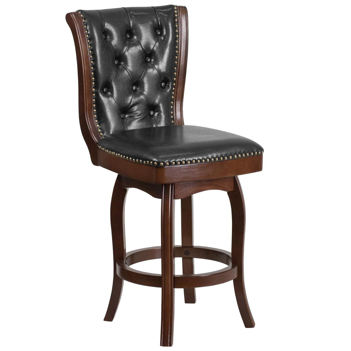 Flash Furniture 26'' High Cappuccino Wood Counter Height Stool With Button Tufted Back And Black Leathersoft Swivel Seat