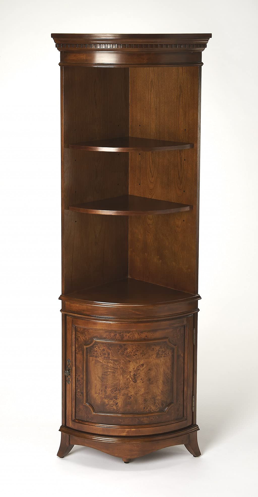 HomeRoots Medium Brown Poplar Solids, MDF, Cherry Veneer Dowling Olive Ash Burl Corner Cabinet