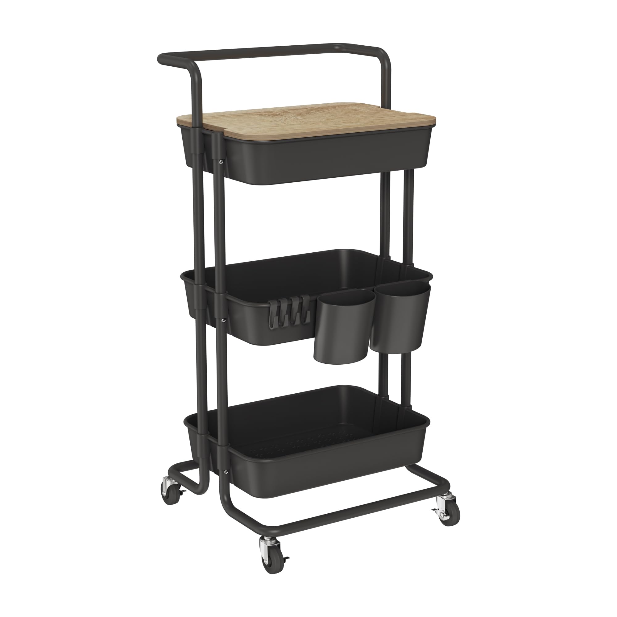 DTK 3 Tier Rolling Cart Uility Cart with Cover Board, Mobile Storage Cart with Wheels, Cups, Hooks for Office Utility Kitchen Ba