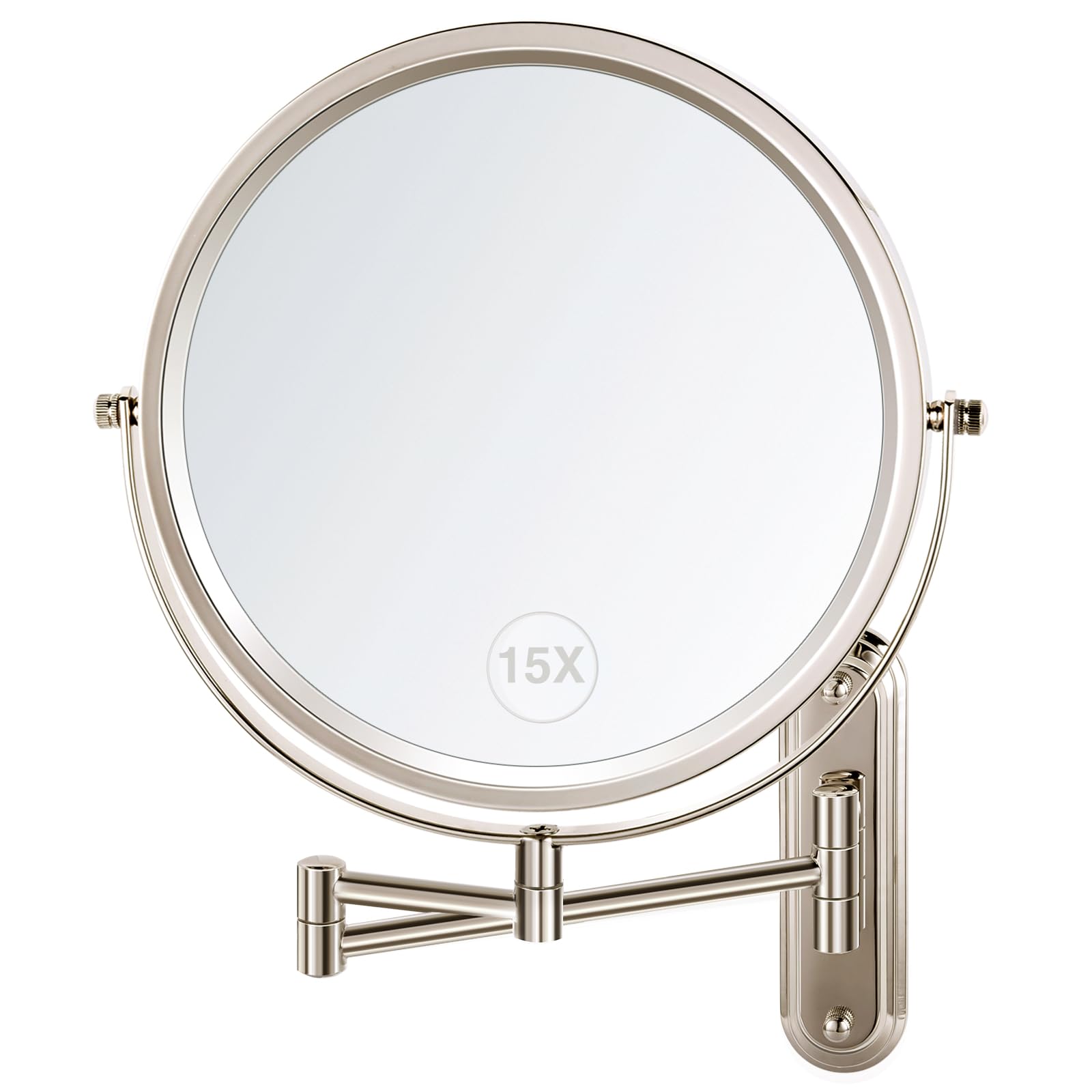 VORREMIRR Wall Mounted Makeup Mirror, 15X/1X Double Sided Magnifying Mirror, 8.5 Inch Round, Brushed Nickel, Modern Style, Space