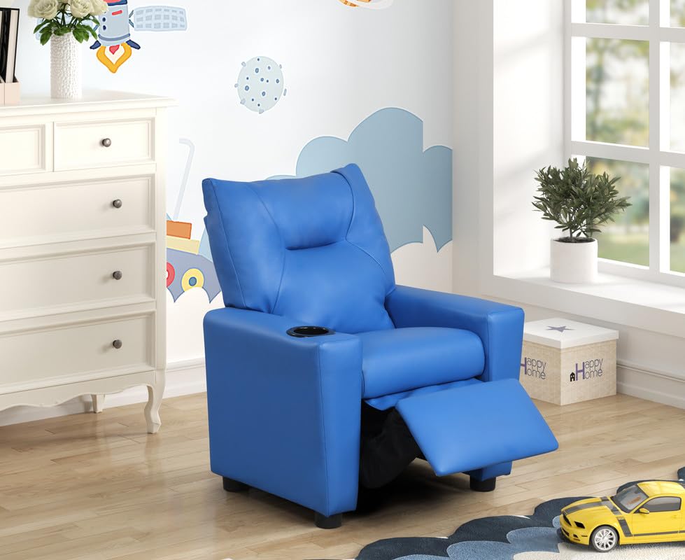 Lilola Home Perline 23" W Blue PVC Fabric Kids Recliner Chair with Cupholder